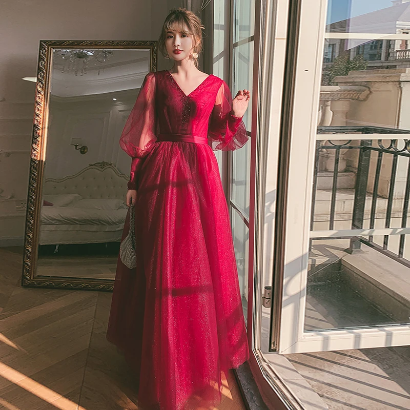 

Evening Dress Burgundy V-Neck A-Line Simple Full Sleeves Lace Up Floor-Length Luxurious Tulle New Woman Formal Party Gowns A1606