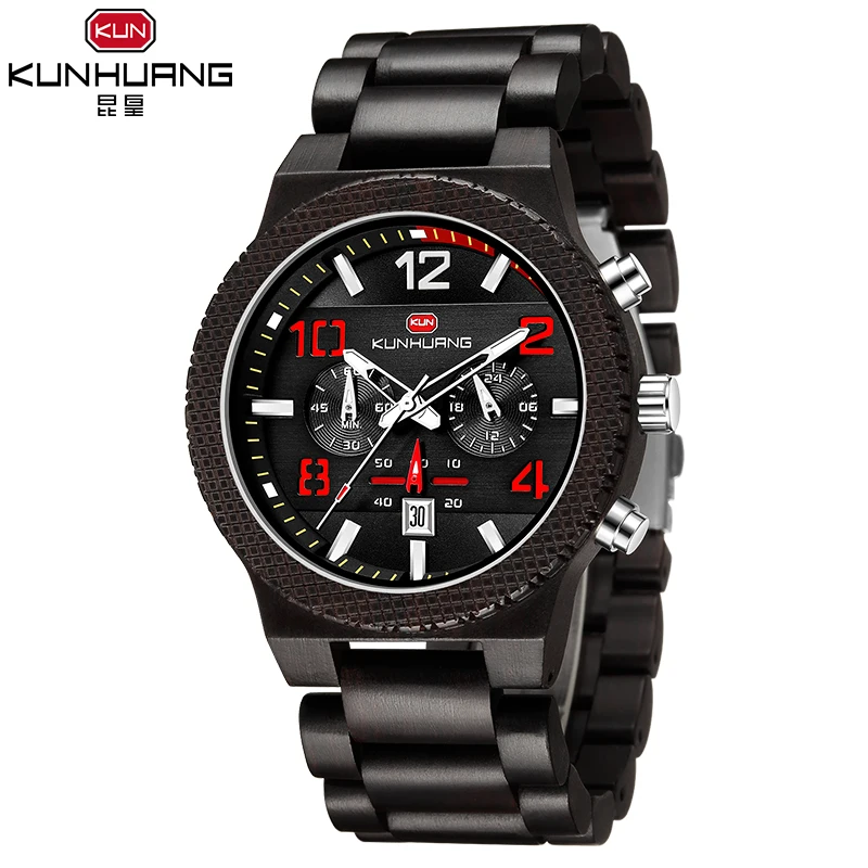 Kunhuang 1015 хронограф указатель деревянный relogio masculino античный модный материал