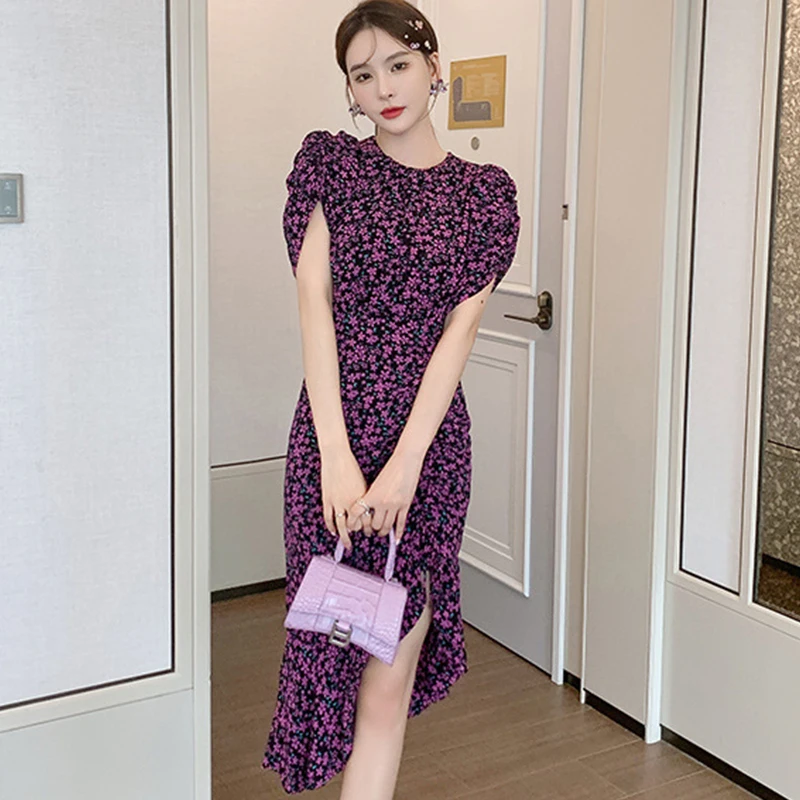 

Fashion Summer Korean Puff Sleeve Midi Party Dress Ladies Elegant Robe Casual Drawstring Floral Ruffle Asymmetrical Beach Dress