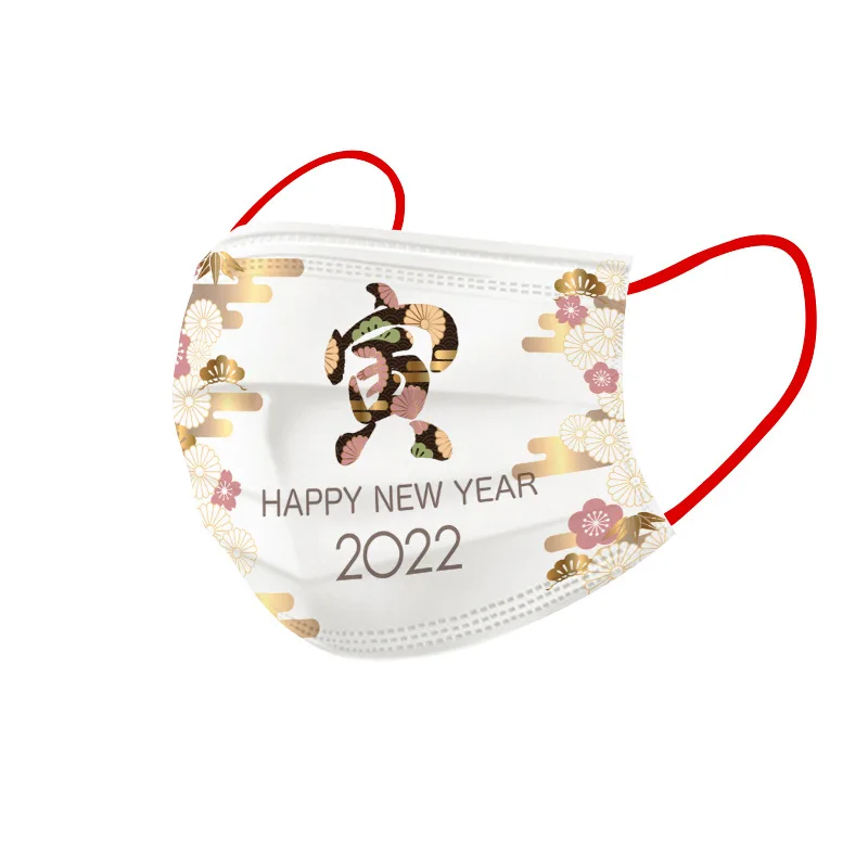 

10pc Happy New Year 2022 Disposable Face Mask adult Printed Xmas Covers Fashion Mouths 3-ply Protective Halloween Cosplay mask