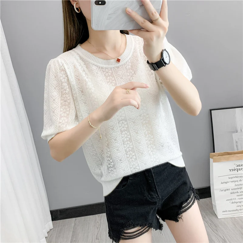 

2021 Hot Sale 20662 (room 2, Row 7, No. 5) Real Shot Round Neck Hollow Lace Knitted T-shirt [1018] 36