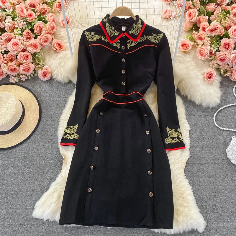 

Autumn New Elegant Celebrity Gold Lining Embroidered Vintage Party Dress Women Designer Long Sleeve Lapel Runway Dresses