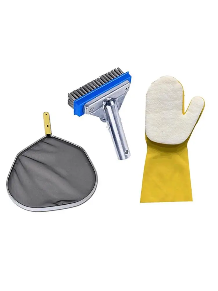 

Pool Cleaning Kit Brush Head With Skimmer Net & Scrubbing Mitt Aluminum Alloy Reinforced Sponge Glove Set For Shallow Water