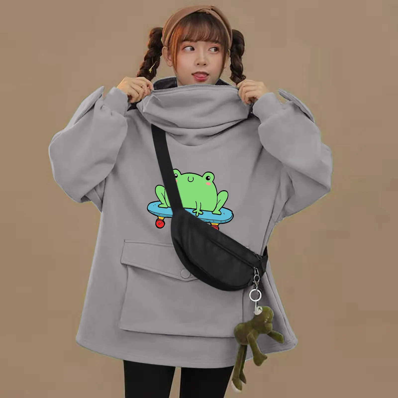 

Cute Frog Print Hoodie Korean Loose Zipper Hooded Pullovers With Pocket Vintage Cartoon Female Streetwear Sudaderas Moletom 2021
