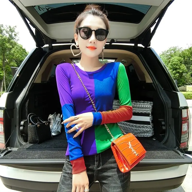

2021 spring and autumn new fashion mesh splicing long sleeve women's round neck mesh bottom T-shirt