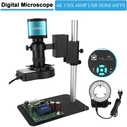 Набор цифрового микроскопа, цифровой микроскоп с креплением 130X C, 4K, 48 МП, HDMI, USB, 60FPS, промышленная камера со светодиодсветильник кой для ремон...