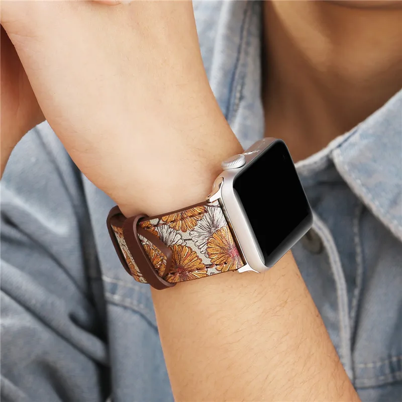 Винтажный кожаный ремешок для часов Apple Watch 38 мм 42 мм красный цветочный принт для женщин и мужчин сменный мужской т-браслет ремешок для iwatch 1 2 3