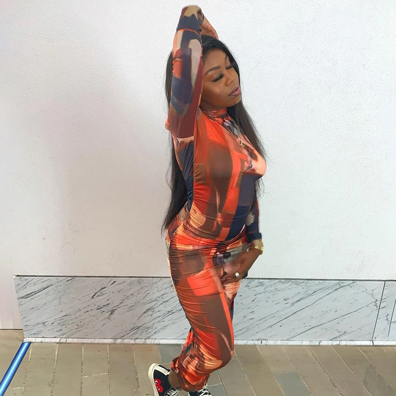 

CIBBAR Print Long Sleeve Bodycon Dress Women Vintage Hipster Elegant Skinny Party Clubwear Dresses Turtleneck Ruched Streetwear