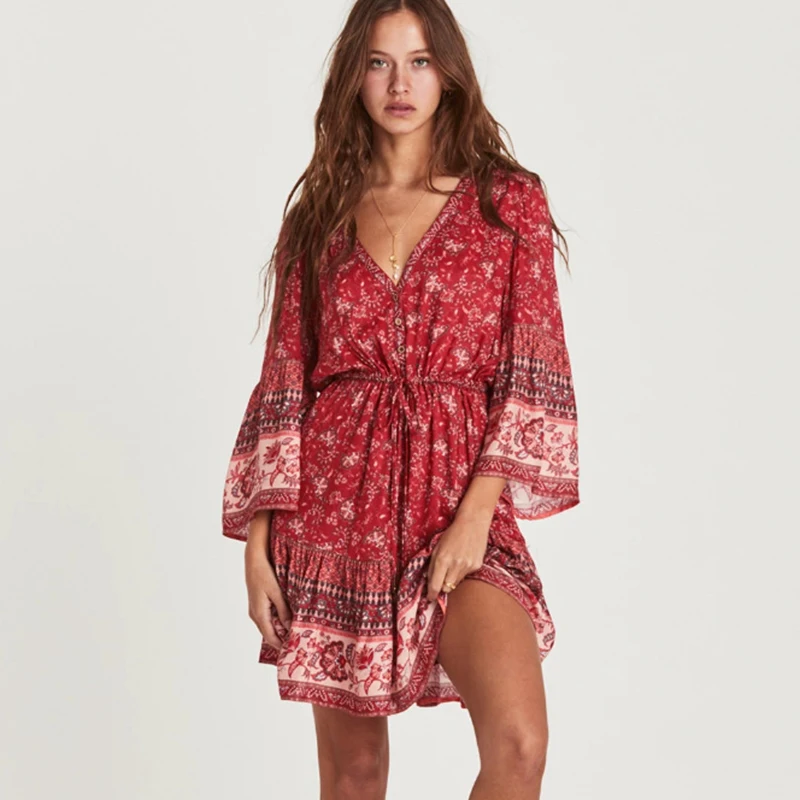 Женское мини платье с цветочным принтом рукавом 2019 и V образным вырезом|Женские