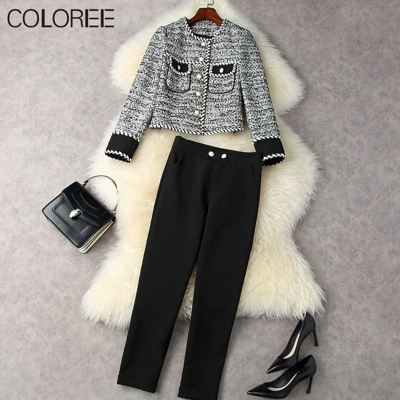 

Autumn Winter Vintage Short Plaid Tweed Jackets +high Waist Long Pants Two Piece Sets for Women Korean Fashion Streetwear 2022