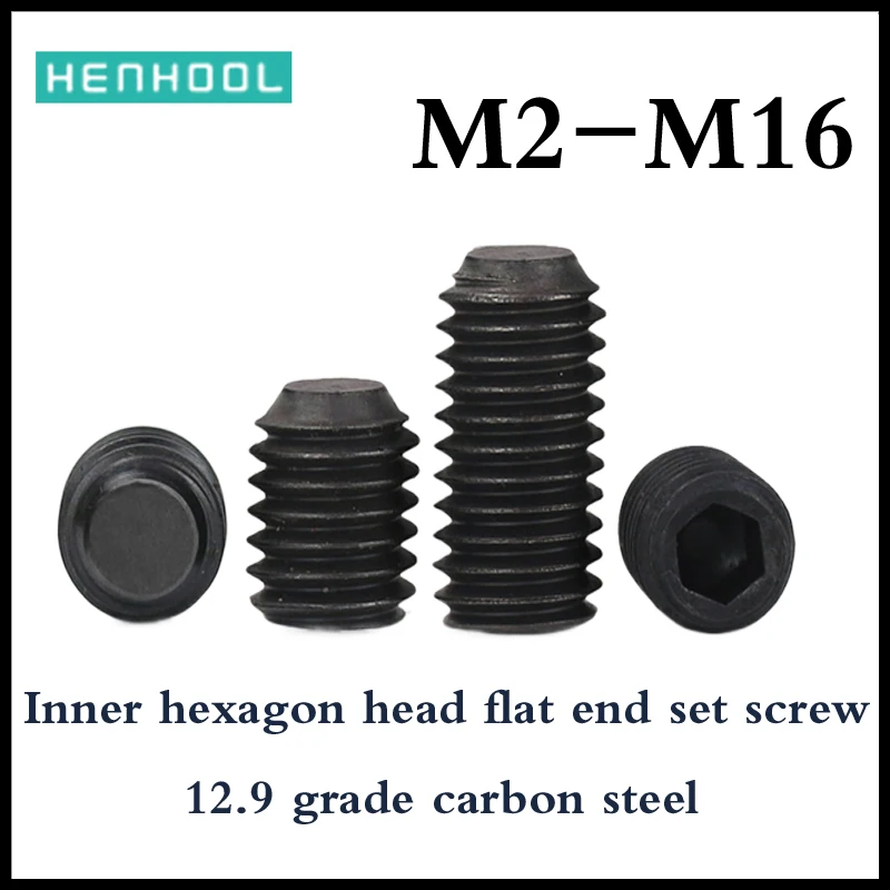 

Установочные винты с метрической резьбой из углеродистой стали 12,9, плоские, с шестигранником, черные, DIN913 M2M2.5M3M4M5M6M8M10