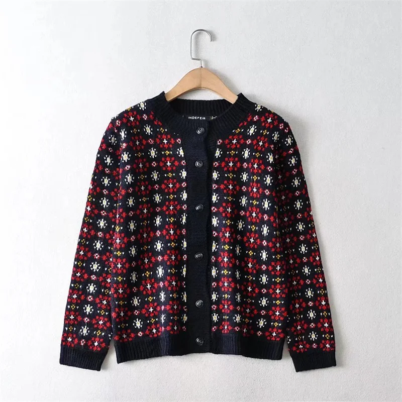 

Za Chic Buttons Vintage Jacquard Knitting Cardigan Long Sleeve Sweater Fashion Round Neck Thick Warm Female Oversized Sweater