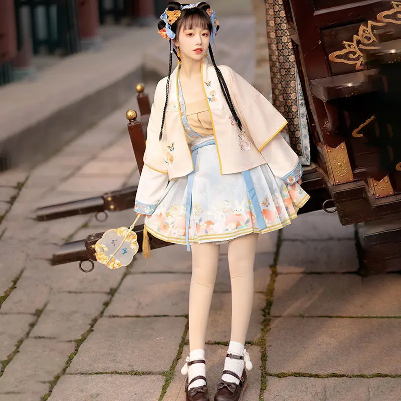 

Костюм ханьфу женский короткий, комплект из 4 предметов с вышивкой, атласный костюм для представлений, в стиле пэчворк, весна-осень