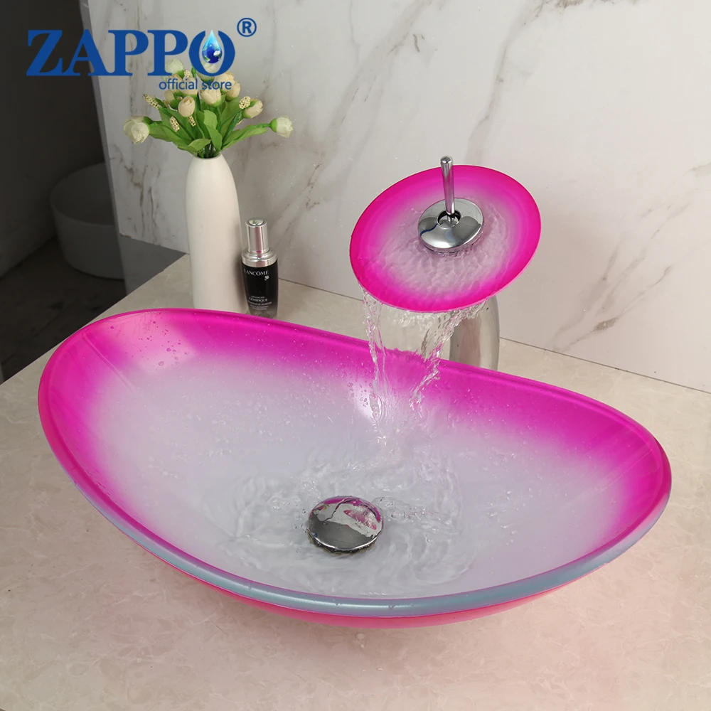 

ZAPPO Pink Tempered Glass Basin Sink Washbasin Faucet Combo Bathroom Counter top Bowl Washroom Vessel Vanity Sink Mixer Set