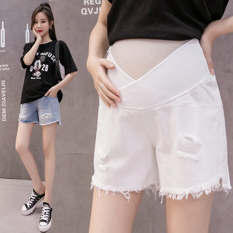 Denim Fashion Maternity Shorts Summer Pregnancy Cotton Short Slim Tight Hole Denim Elastic Maternity Pants Short Jeans Clothes