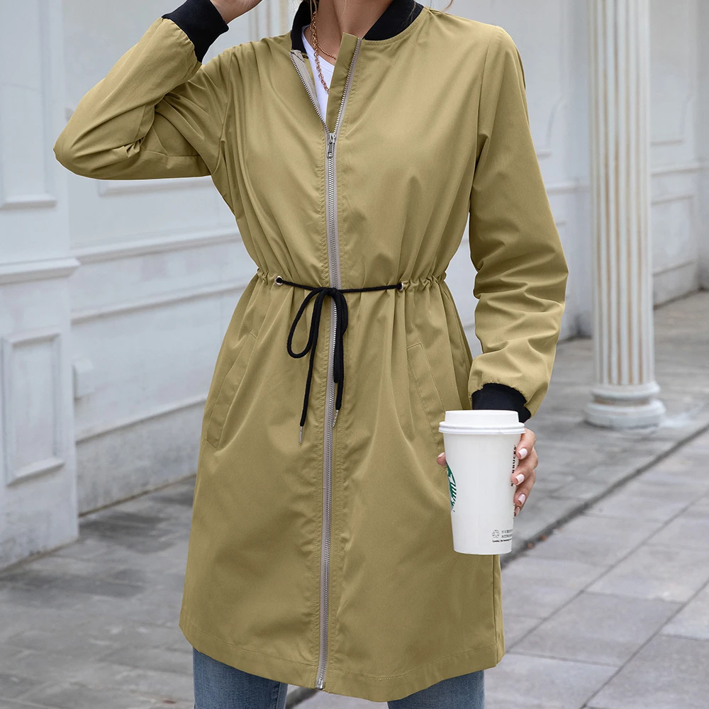 

Женский непромокаемый плащ на завязках, уличный кардиган с косым карманом и воротником-стойкой и длинным рукавом, осень 2021