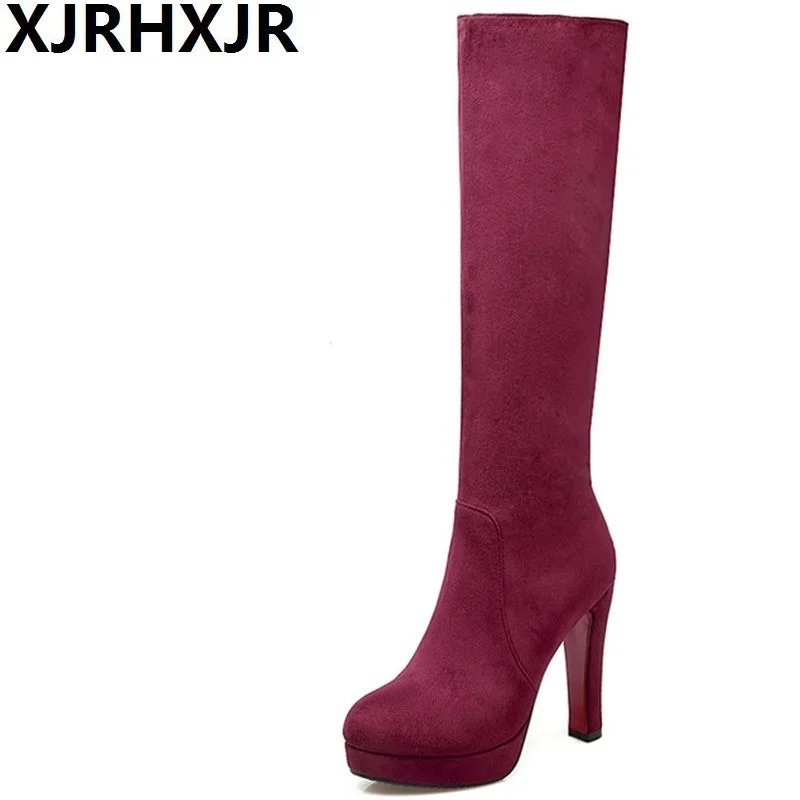 XJRHXJR модные замшевые кожаные сапоги до колена женские на высоком каблуке с