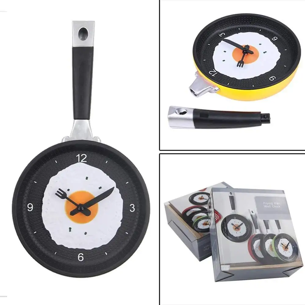 

Pan-Shape Wall Clock Decorative Clock with Omelette Plastic Silent Non Ticking Wall Clocks Kitchen Dining Room Restaurant Decor