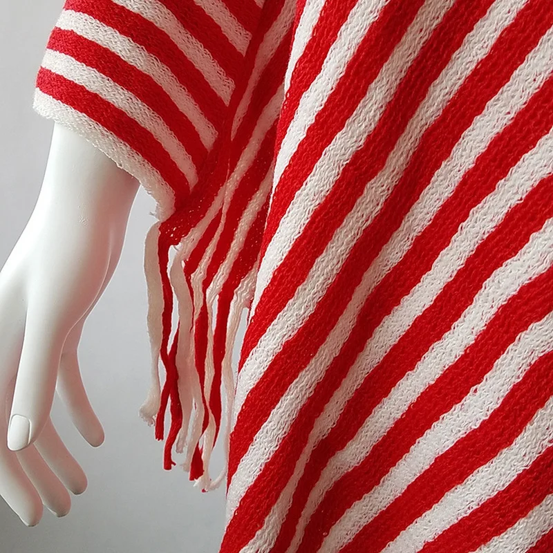 

New Diagonal Striped Turtleneck Fringed Cloak Shawl Sweater Poncho Tassel Tops Foe Women Fashion Clothes