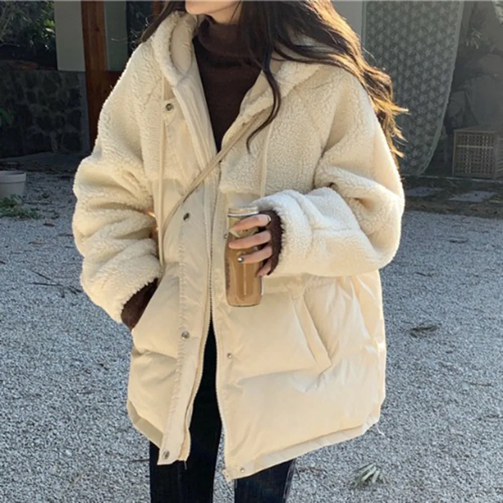 

Женская зимняя хлопковая куртка средней длины на молнии с прямыми карманами, простое однотонное Свободное пальто из овечьей шерсти в стиле ...