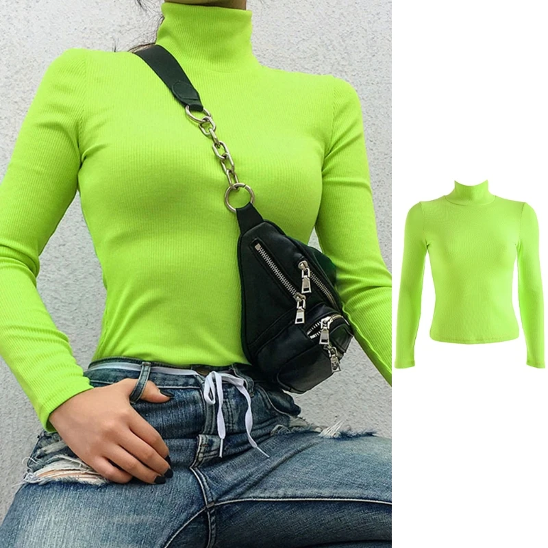 

Women Autumn Long Sleeve Turtleneck Sweater Fluorescent Neon Solid Color Slim Tops Ribbed Knitted Basic Jumper Shirt