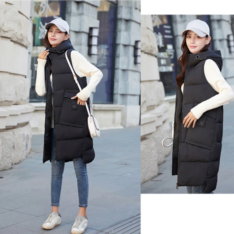

2021 Winter Cotton Padded Vest Women Loose Mid-Length Hooded Waistcoats Women Solid Warm Pockets Padded Coats Female LD1907