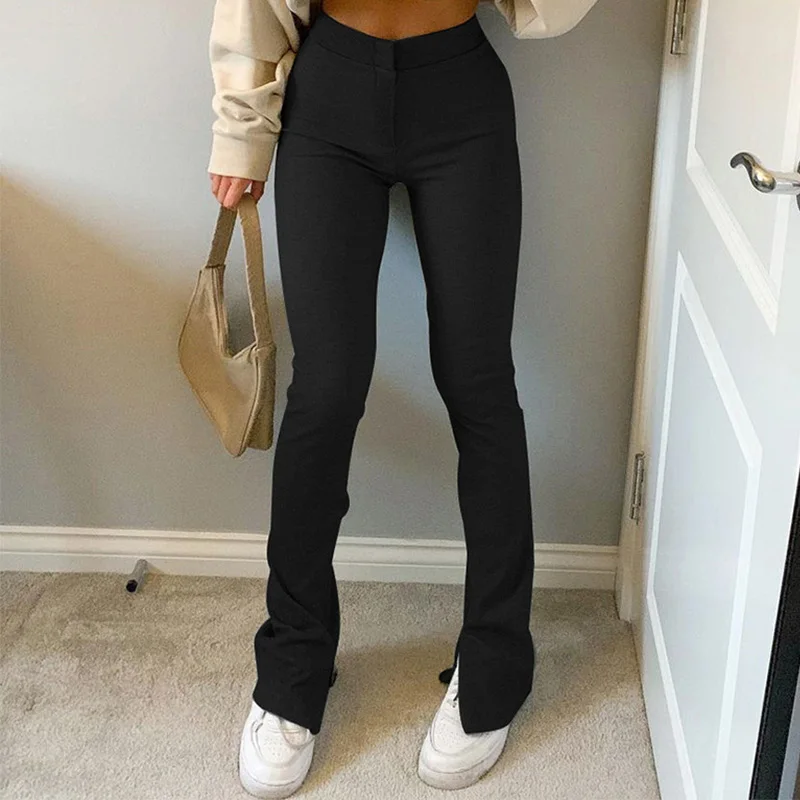 

Spring Split Skinny Women's Flare Pants High Elastic Waist Solid Female Long Pant Fashion Streetwear Basic Casual Ladies Bottom