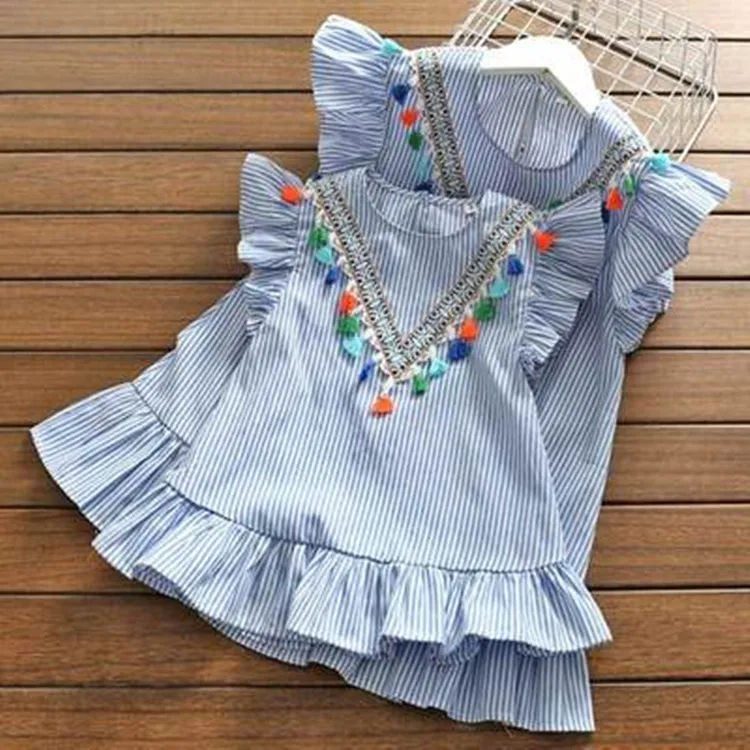 

Parent Child Women's Striped Short Sleeve Dress Girl's Baby Ear Fringe Fringe Skirt mom and daughter matching clothes