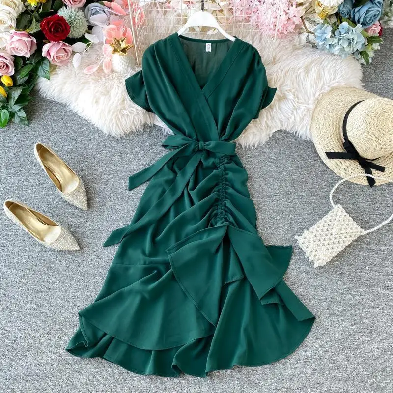 

2021 New Fashion Women's Solid Dress Female Casual V-neck Short-Sleeved Dresses