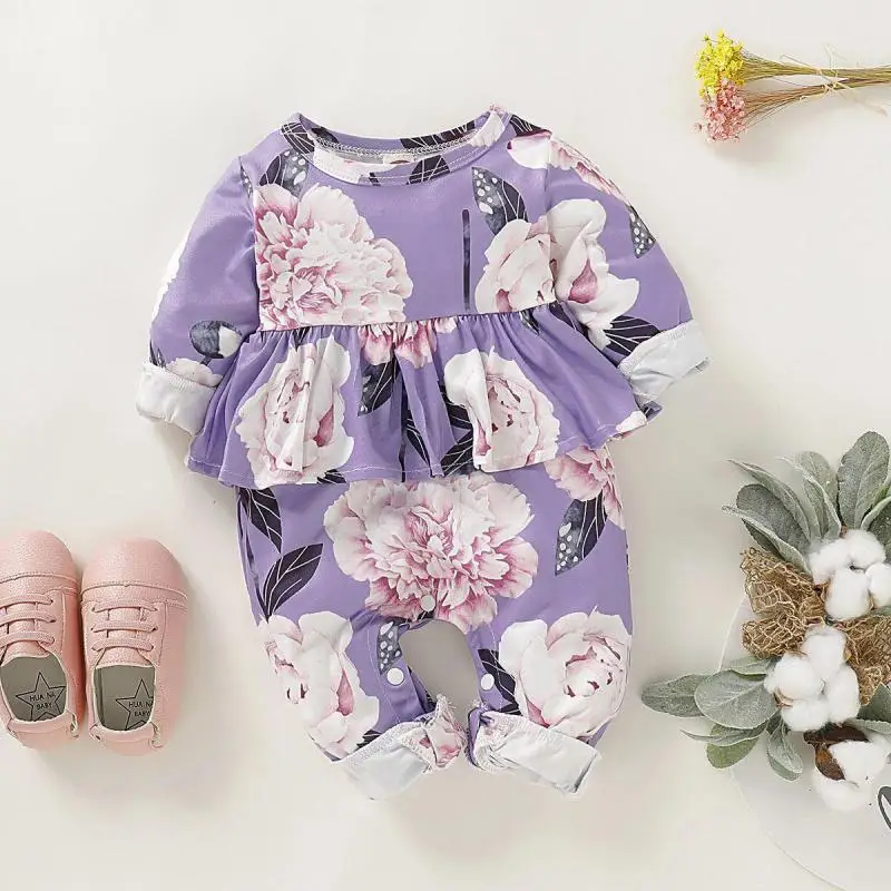

Ins Baby Infant Spring 2022 Baby Girls Clothes 0-12m Cotton Newborn Rompers With Rose Printed Long Sleeve Jumpsuit O-neck Outfit