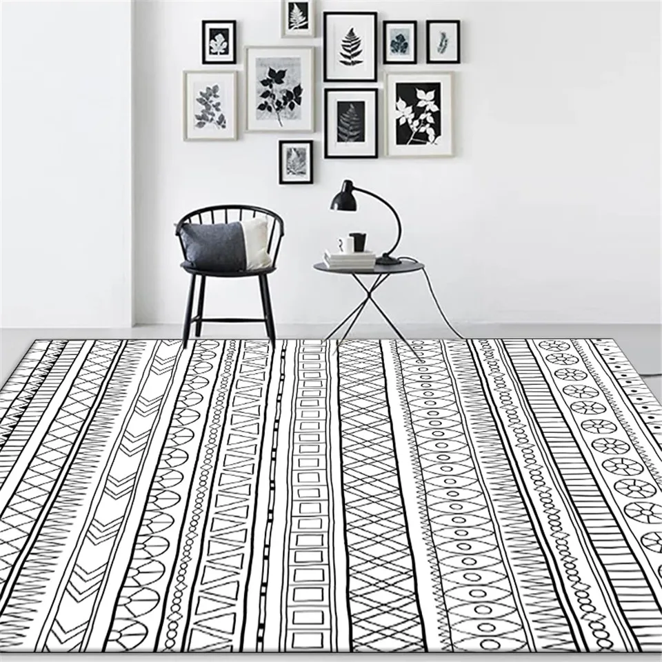 

Nordic Ethnic Style Black White Geometric Printed Carpet For Bedroom Living Room Rug Simple Bedside Mat Floor Mat Bohemia Rug