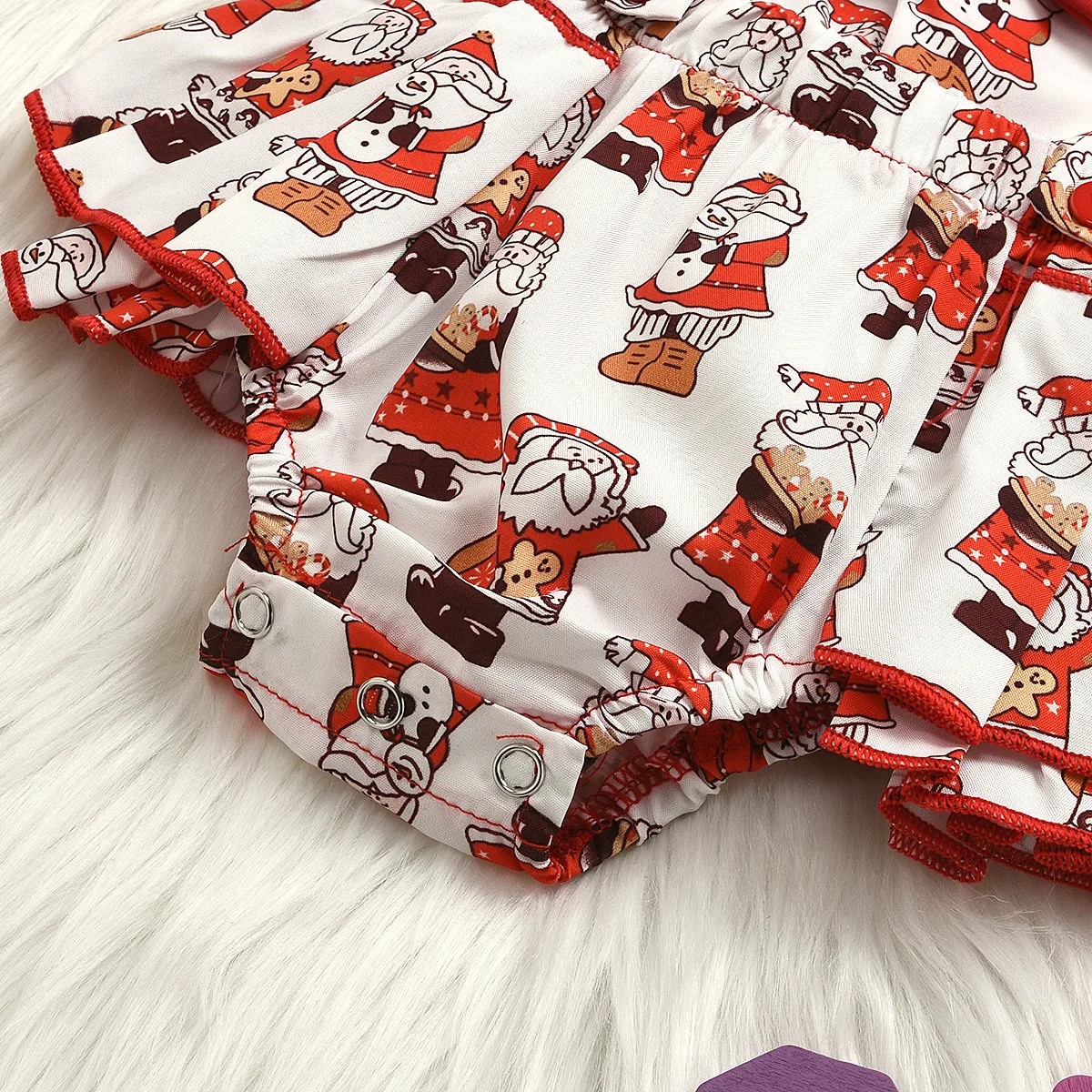 

2020 Christmas Baby Girls Clothes Sweet Cartoon Santa Claus Print Bodysuits Ruffle Xmas 2PCS with Headband Party Costume 0-24M