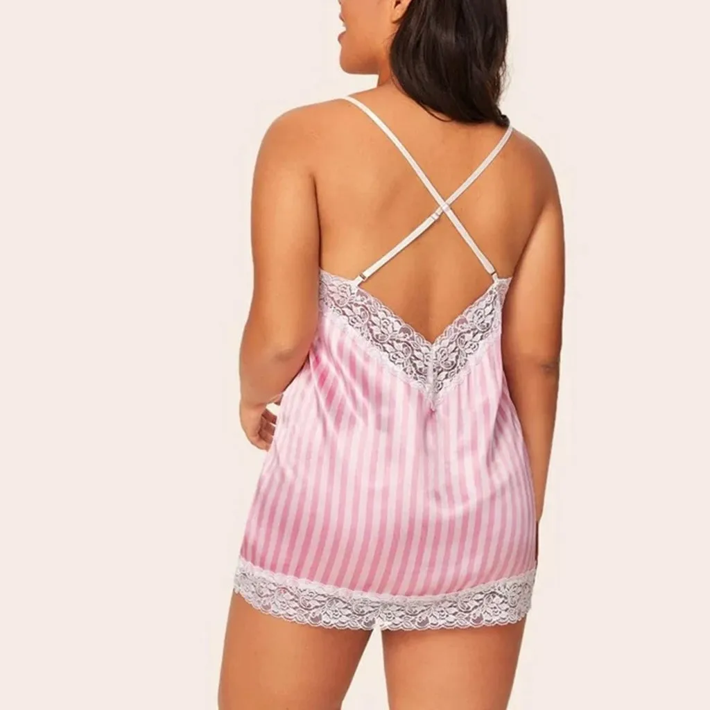 

Women Floral Lace Spaghetti Striped Pink Lingerie Dress Sleepwear Nightdress Set Pajamas