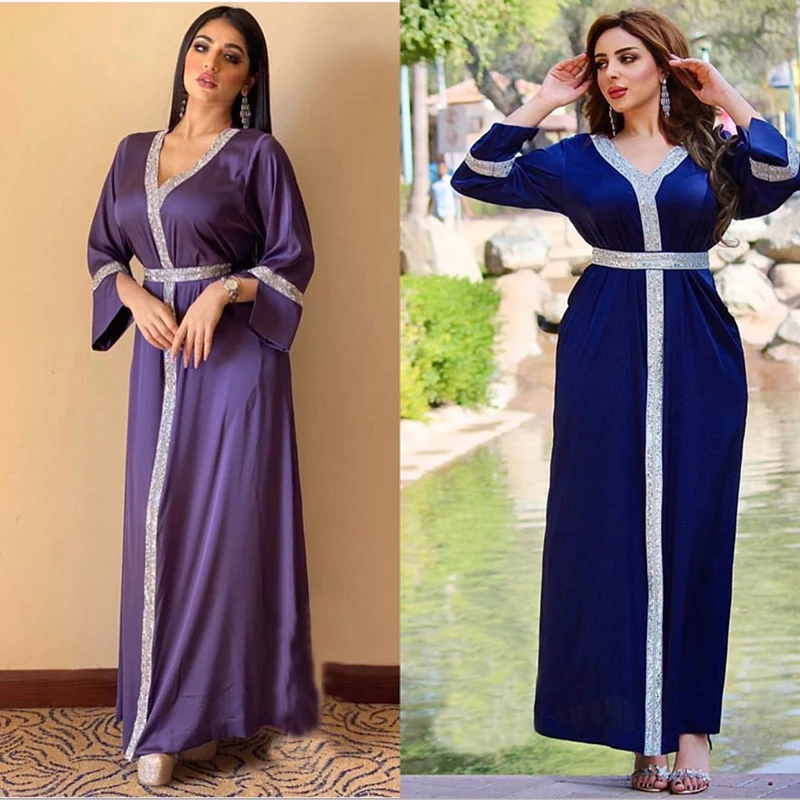 

Muslim FashionTurkish Abaya Dubai Caftan Women Satin Long Dress Elegant Ladies Party Diamonds Shiny African Robes Boubou