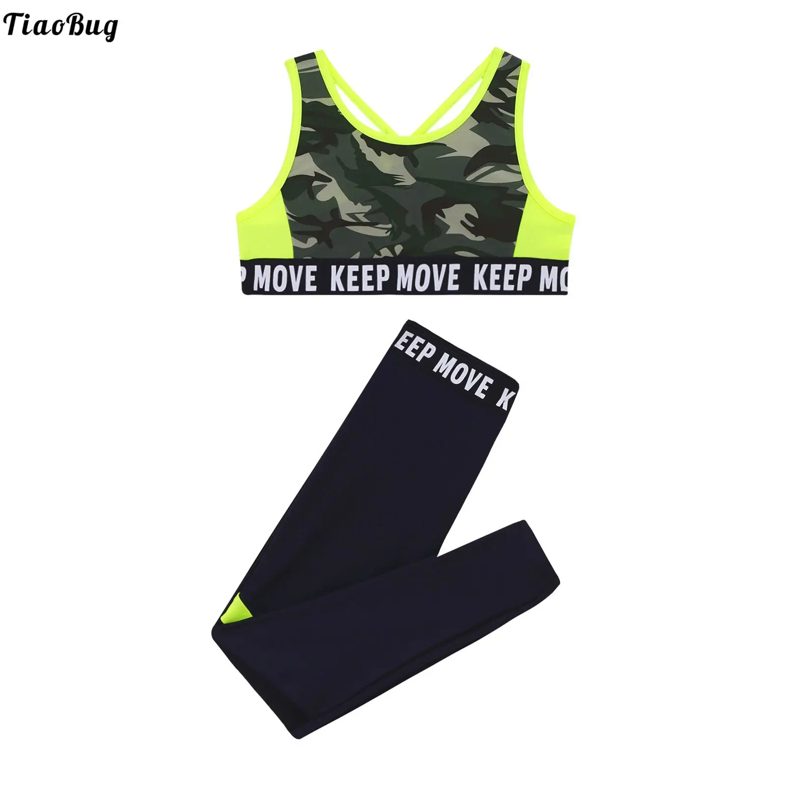 

TiaoBug Summer 2Pcs Kids Girls Sport Outfit Strappy Back Camouflage Print Color Contrast Patchwork Sport Vest And Pants Set