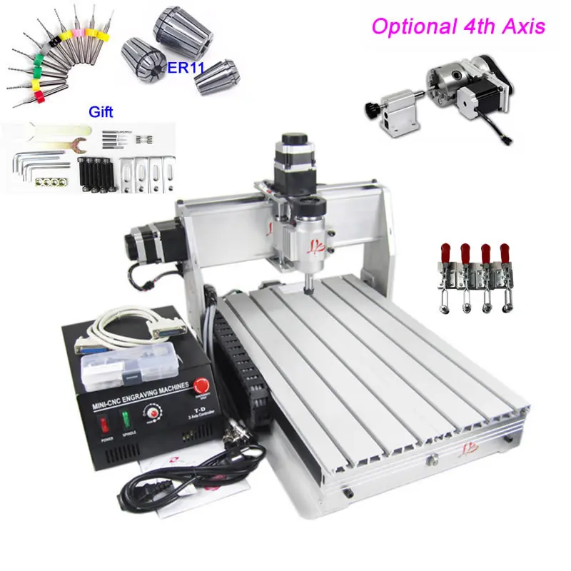 

4 Axis Mini CNC Router Engraver 3040 PCB Milling Machine Cutter with Free 4 pcs Clamp ER11 Collet 10 pcs Engraving Tools