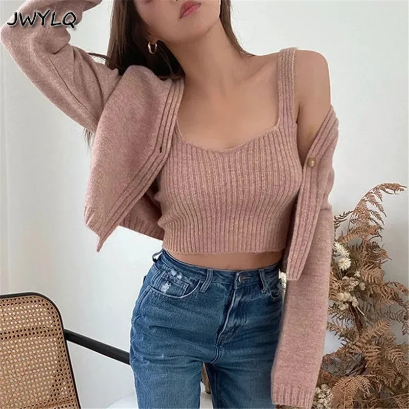 Винтажный Розовый комплект из двух предметов новинка 2022 Осенний вязаный