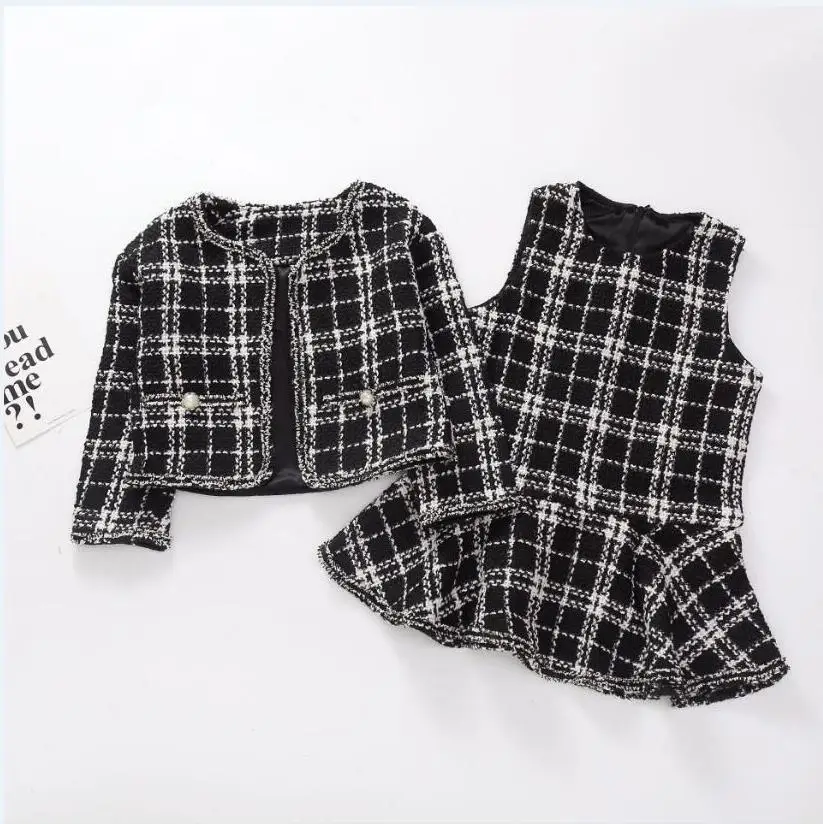 Комплекты из 2 предметов для девочек шерстяные пальто и платье без рукавов модная высококачественная одежда для девочек осенние комплекты высококачественные детские костюмы