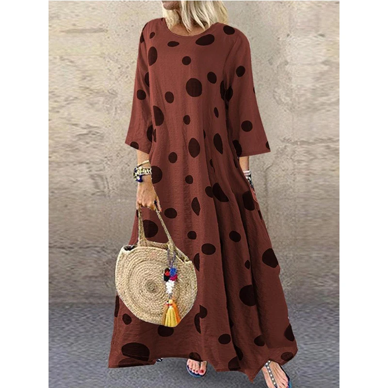 Осенне-зимние женские платья boho, хлопковое льняное платье большого размера, длинное платье макси с принтом в горошек размера плюс, Casaul Vestido
