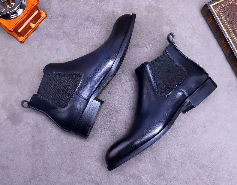 

Fashion Blue Dark Gray Chelsea Boots Men Genuine Cow Leather Men Fashion Ankle Boot Shoes High Quality Brand Slip-on Dress Boot