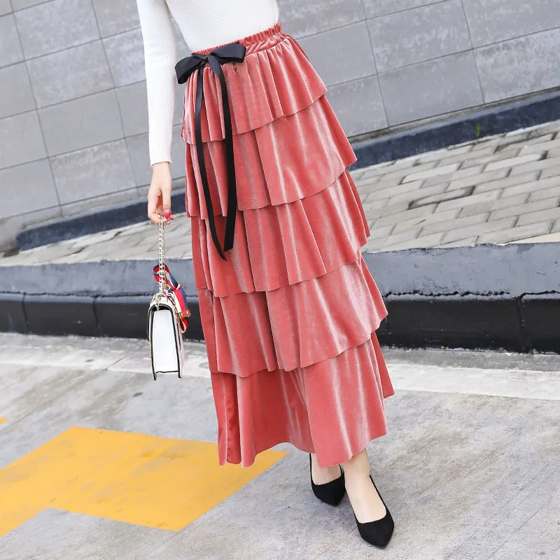 Элегантная осенне-зимняя длинная бархатная юбка для женщин с бантом 5-слойная