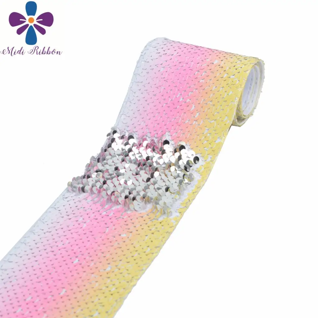

3"75mm Rainbow Gradient Color Double Reversible Silver Sequin Ribbon DIY Party Gift Bowknots Hair Band 46yards/roll
