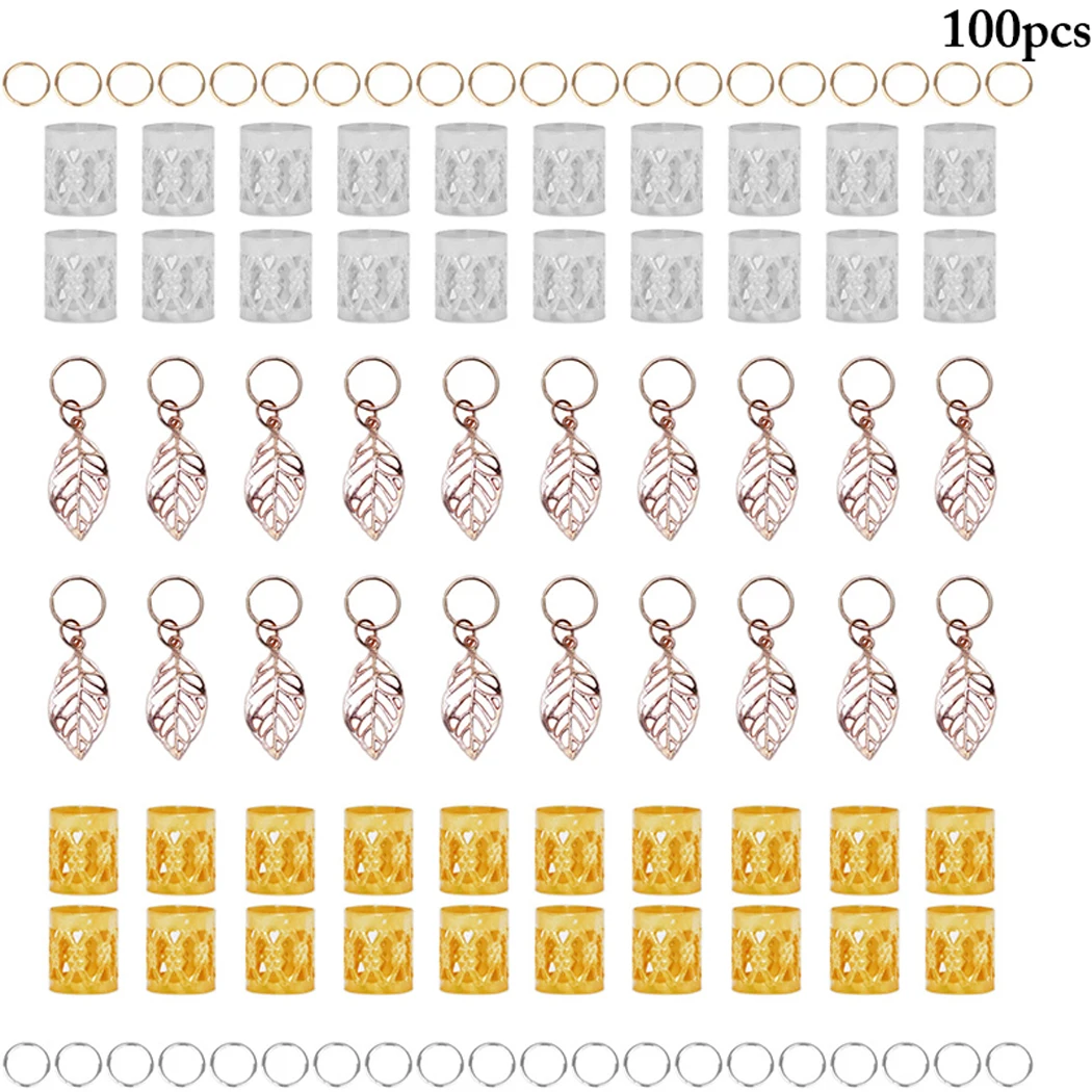 

100PCS Women Braid Jewelry Set Creative Leaf Pattern Dreadlock Beads Hair Rings Metal African Hair Rings Hair Accessories