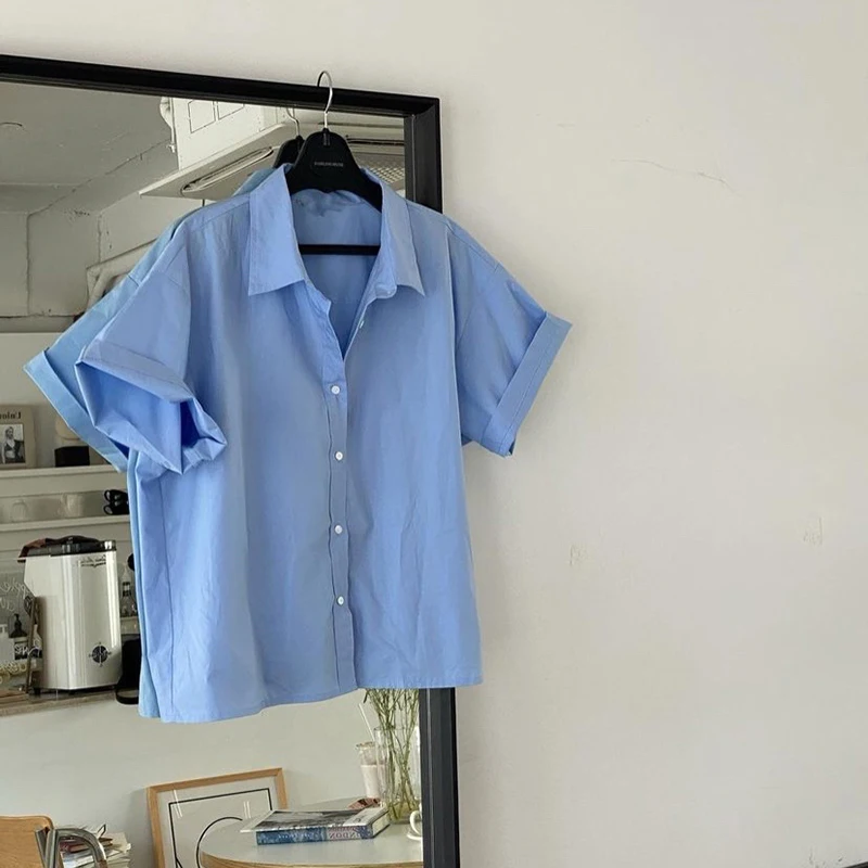 

Classic Women Blouses Office Lady Cotton Oversize Tops Blue White Short Sleeve Summer Korean Fashion Shirts All Match