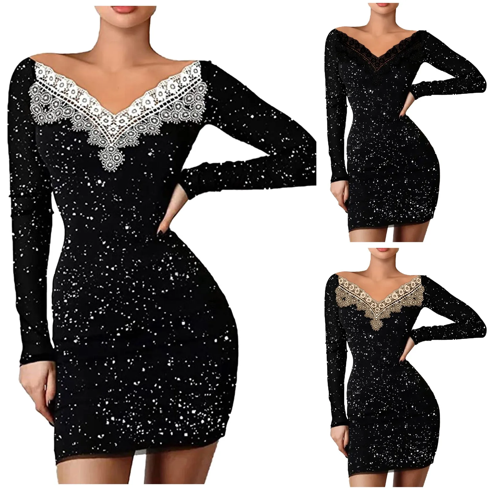 

Модное Элегантное женское кружевное весенне-осеннее свободное платье с V-образным вырезом и лямкой на шее с яркими блестящими длинными рука...