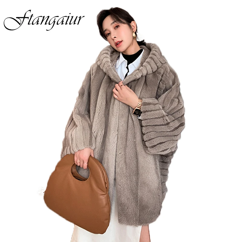 

Ftangaiur New Winter Import Purple label Velvet Mink Fur Coat Batwing Sleeve Hood Mink Coat Women Medium Real Mink Fur Coats