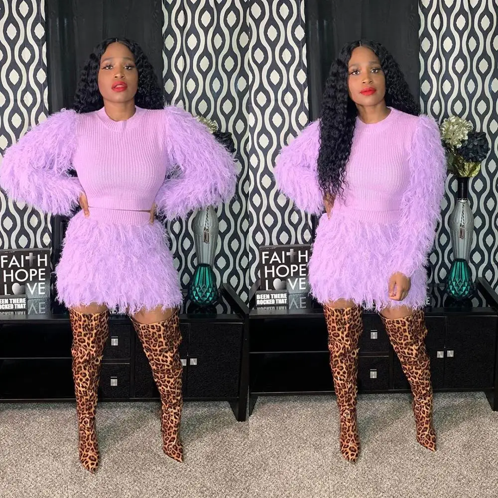 Зимний свитер с бахромой шерстяной костюм из 2 предметов юбка длинным рукавом