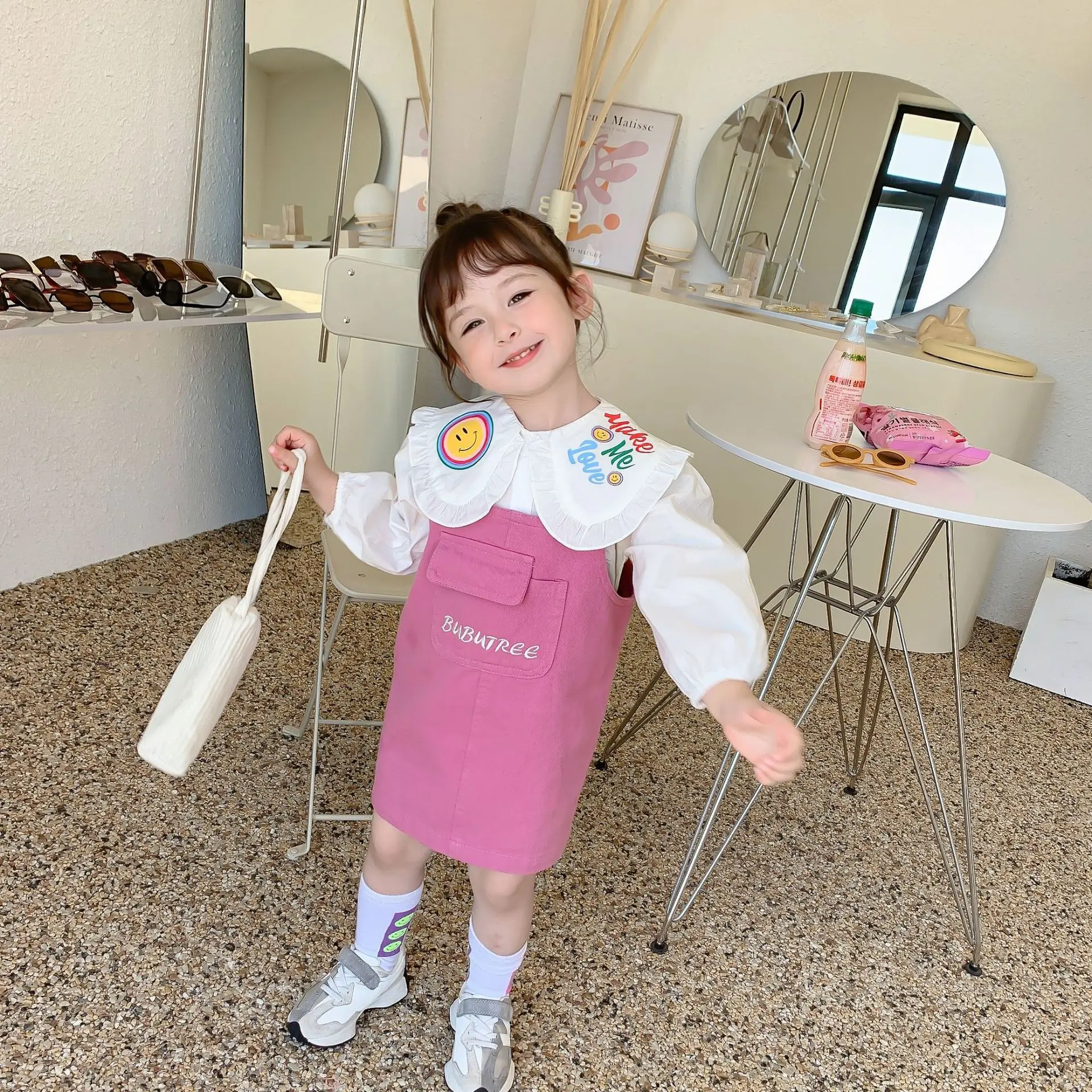 

Детская юбка, осень 2021, новое корейское платье для девочек с принтом алфавита и ремнем сзади, детское хлопковое платье с вышивкой сзади