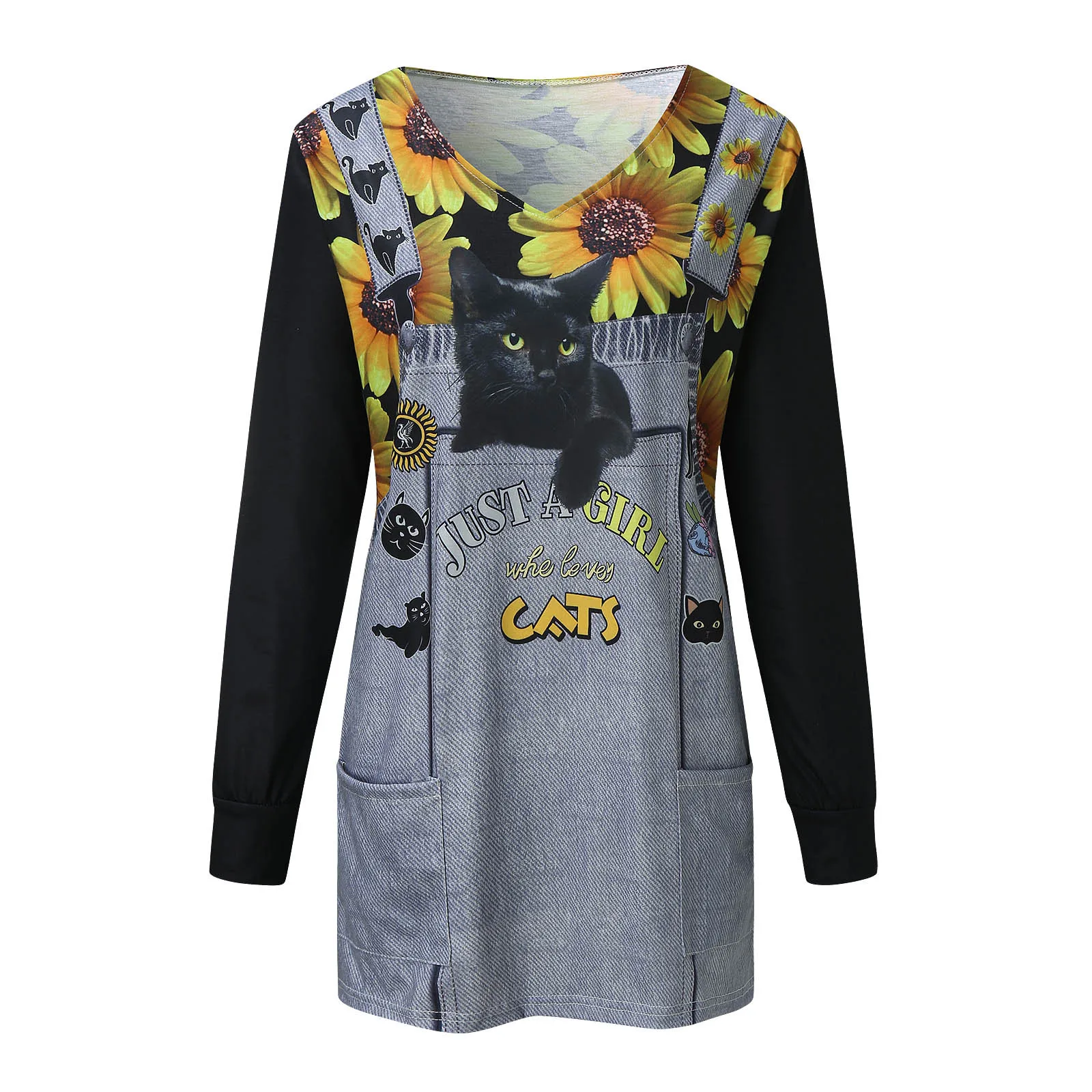 Women's Harajuku Sweetshirts Casual V Neck Cute Cat Animal Long Sleeve Print T-shirt Top Blouse Брючные Костюмы