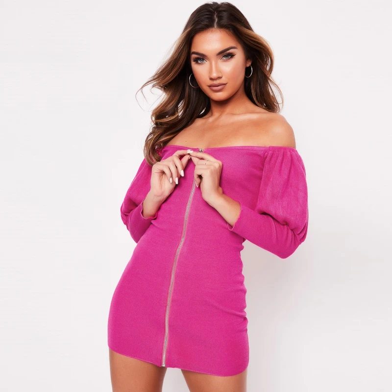 Hugcitar Хлопок slash шеи слоеная Меховая куртка с застежкой-молнией лоскутное сексуальное мини-платье осень зима женские вечерние элегантные уличные платья